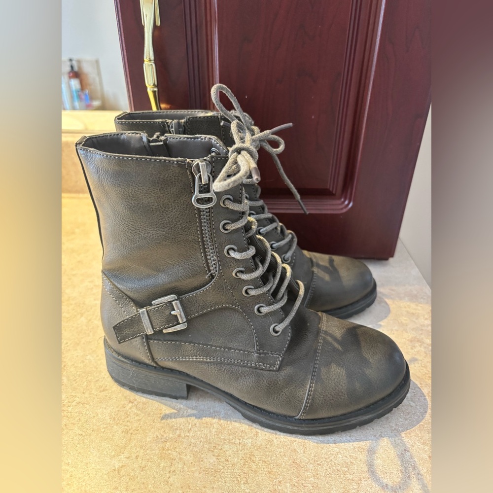 Angel Grey Lace-Up Combat Boots with Buckle